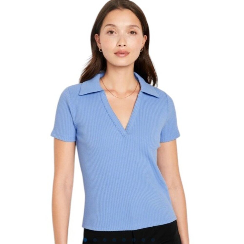 Stretchy "Sky High Blue" Old Navy Rib Kinit Crop Top Polo - Size S